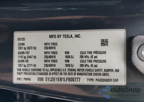 2020 Tesla Model 3 Long Range Dual Motor All-Wheel Drive z USA, uszkodzony, nr VIN 5YJ3E1EB1LF800777